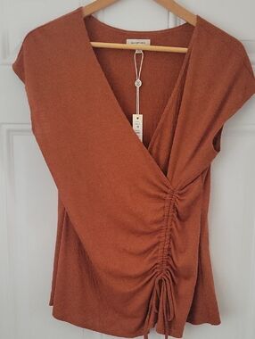 Max Studio Rust Drawstring Wrap-Front Cap Sleeve Top